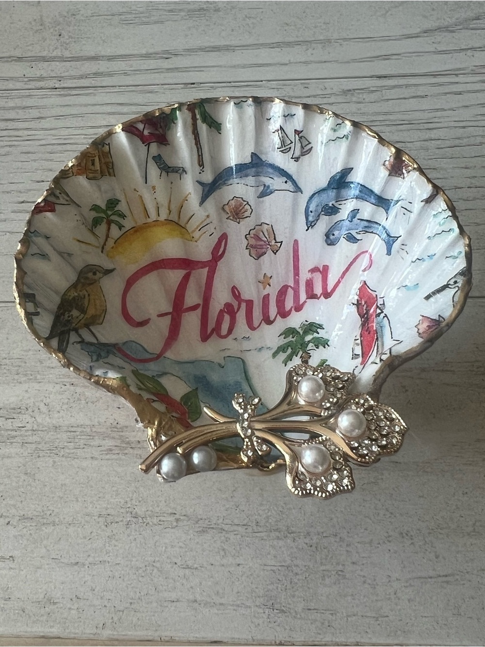 Florida Scallop Shell Trinket Dish w/ Jeweled Gold Stand Coastal Beach Decor